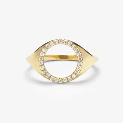 Aria - 18Ct Gold, Pave Diamond Circle Signet Ring^The Alkemistry Shop