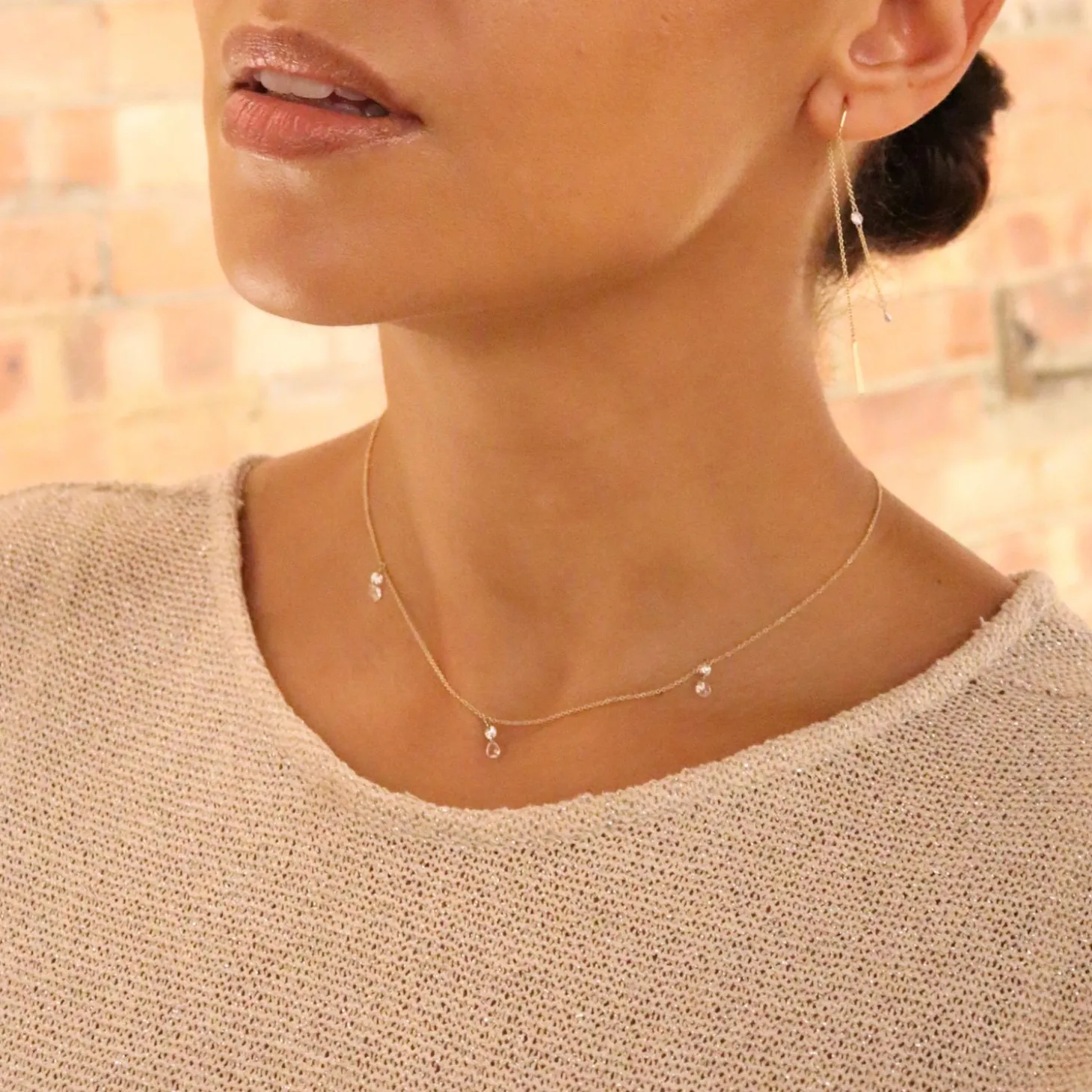 Aria - 18Ct Gold, Rose Cut & Brilliant Cut Diamond Triple Drop Necklace^The Alkemistry Clearance