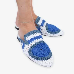 Auric - Navy, Blue & White, Woven Raffia Leather Slippers^The Alkemistry Hot