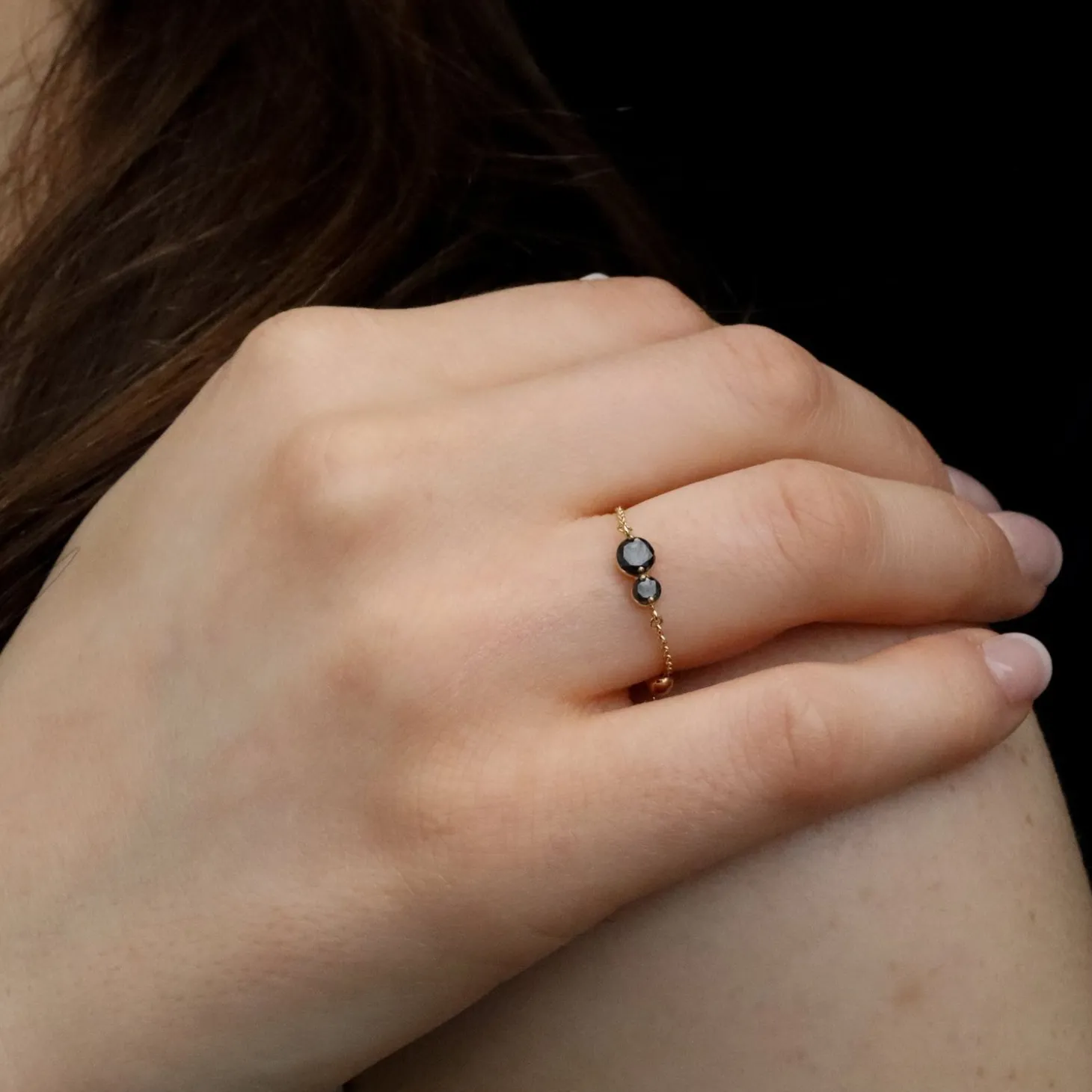 Black Magic - 18Ct Gold, Double Black Diamond Adjustable Chain Ring^The Alkemistry Discount