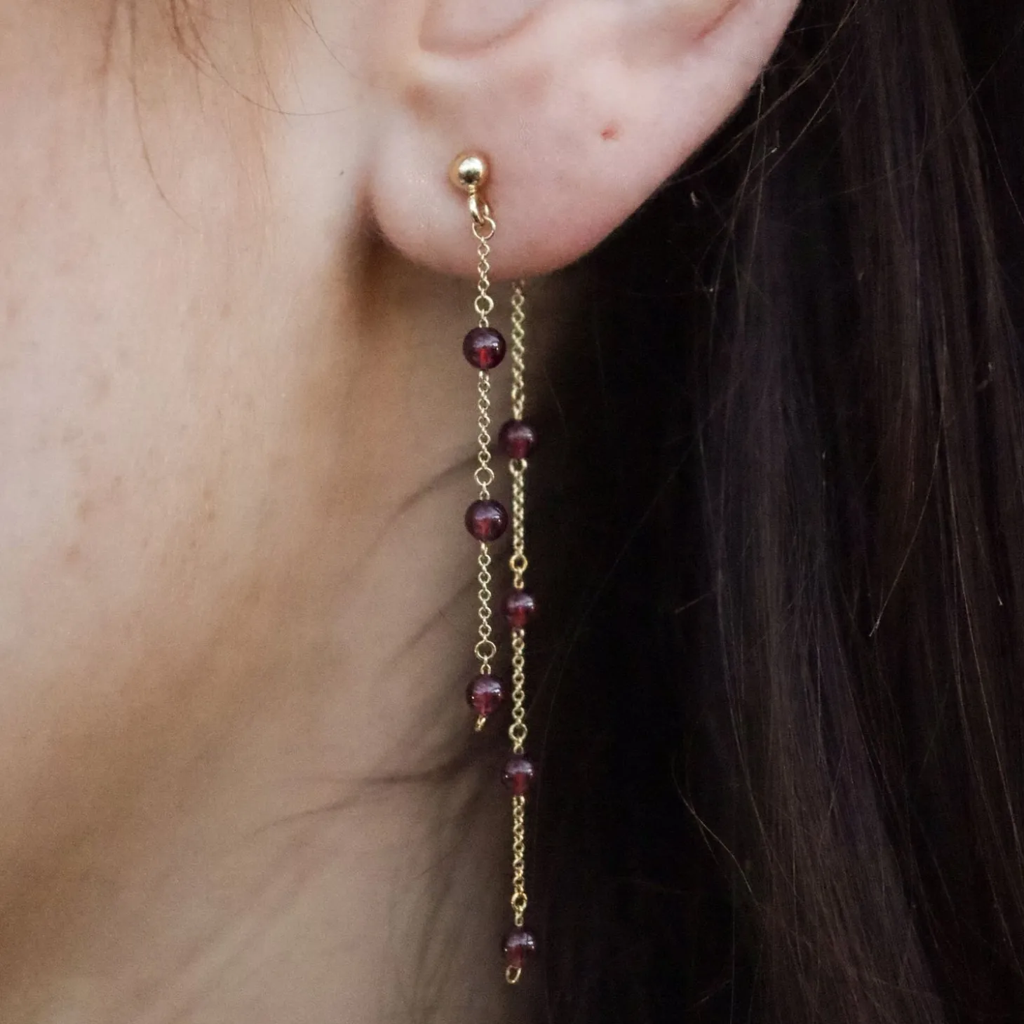 Boba - 18Ct Gold, Garnet Bead And Chain Double Earring (Pair)^The Alkemistry Store