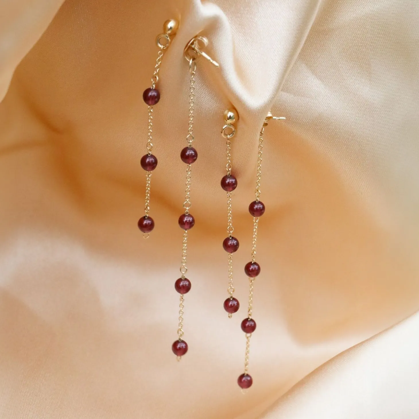 Boba - 18Ct Gold, Garnet Bead And Chain Double Earring (Pair)^The Alkemistry Store