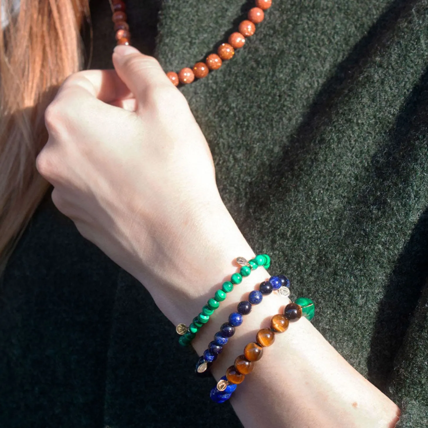 Cinta - 18Ct Gold, Malachite, Tiger Eye And Lapis Bead Bracelet^The Alkemistry Online