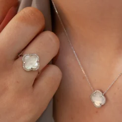 Morganne Bello 18Ct White Gold Victoria Clover Diamond Mother Of Pearl Ring^The Alkemistry Shop