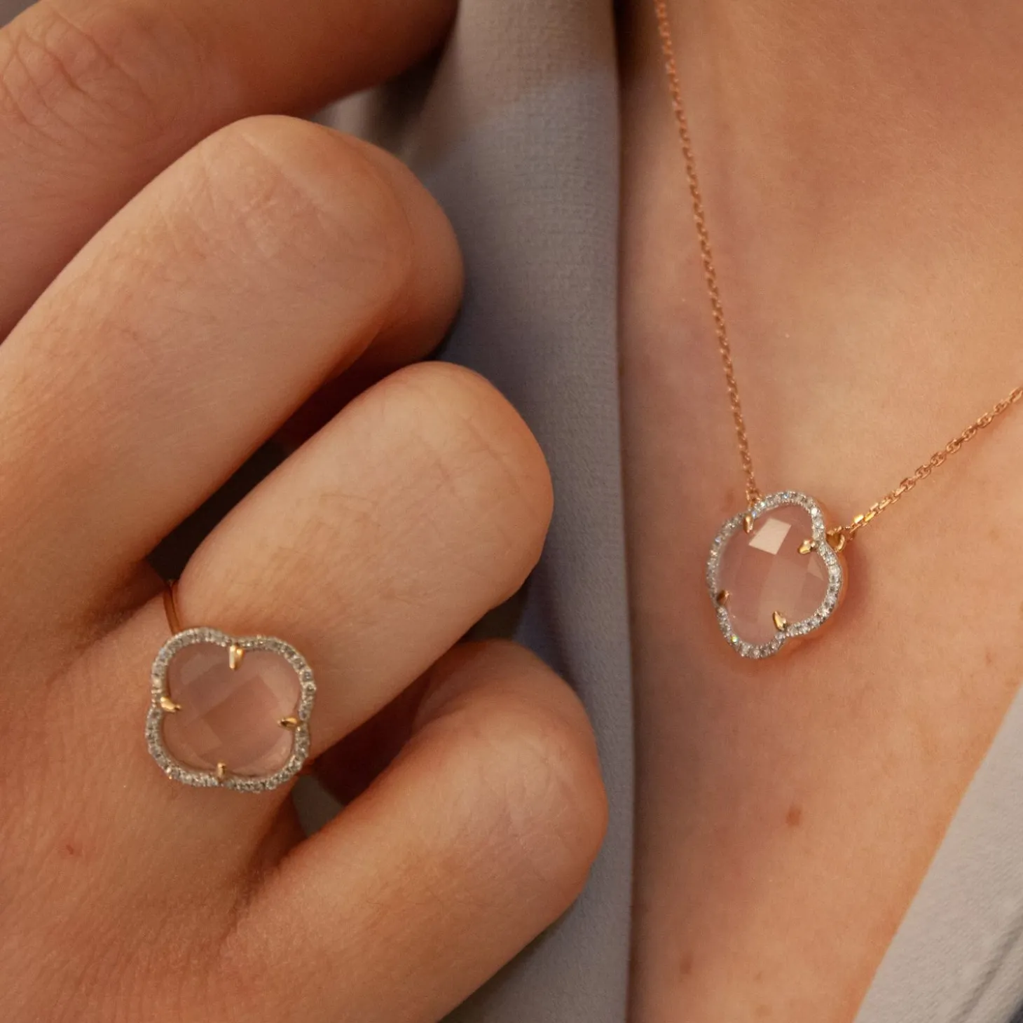Morganne Bello 18Ct Yellow Gold Victoria Clover Diamond Pink Necklace^The Alkemistry Online