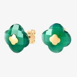 Morganne Bello 18Ct Yellow Gold Victoria Clover Green Agate Studs (Pair)^The Alkemistry Sale
