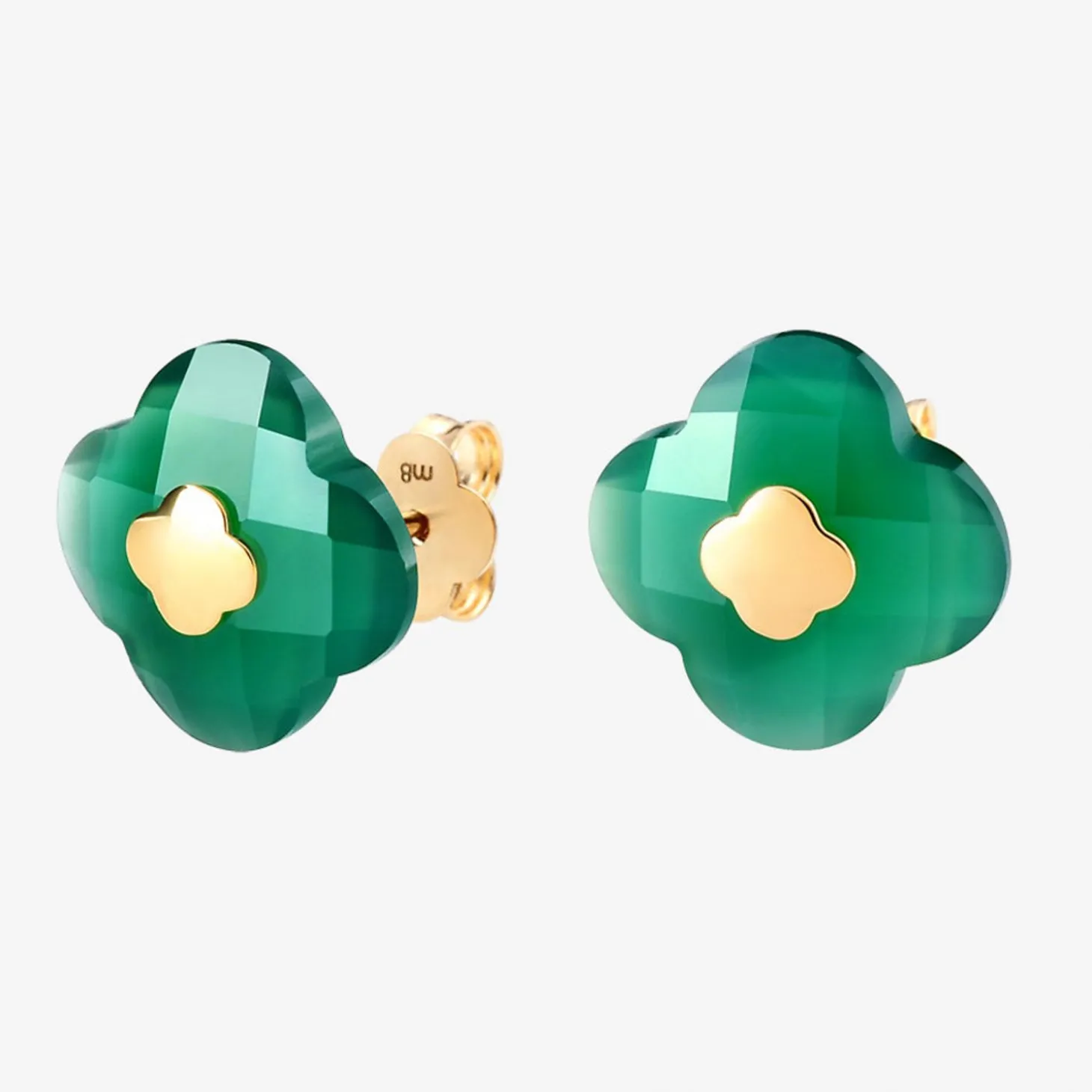 Morganne Bello 18Ct Yellow Gold Victoria Clover Green Agate Studs (Pair)^The Alkemistry Sale