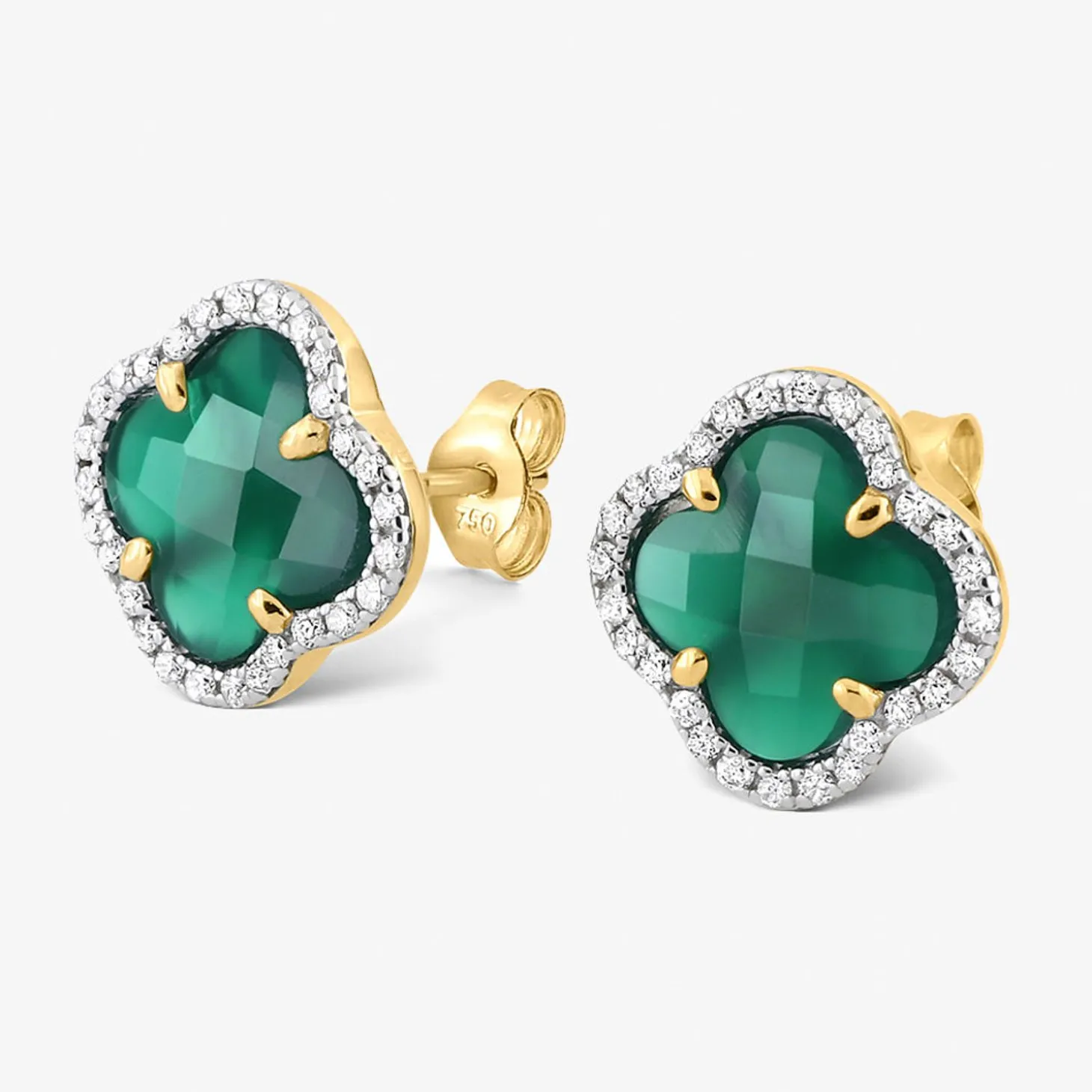 Morganne Bello 18Ct Yellow Gold Victoria Clover Green Agate And Diamond Studs (Pair)^The Alkemistry Best