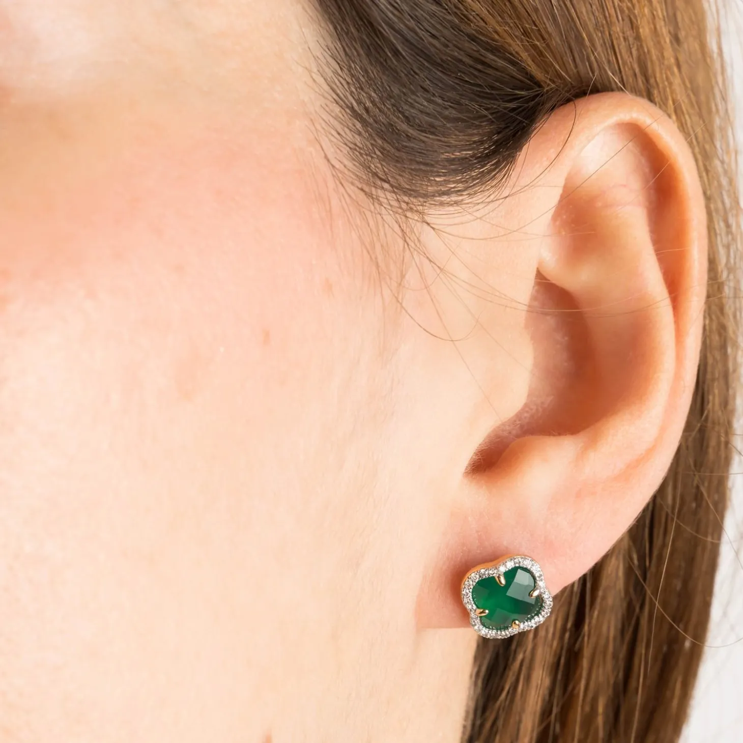 Morganne Bello 18Ct Yellow Gold Victoria Clover Green Agate And Diamond Studs (Pair)^The Alkemistry Best