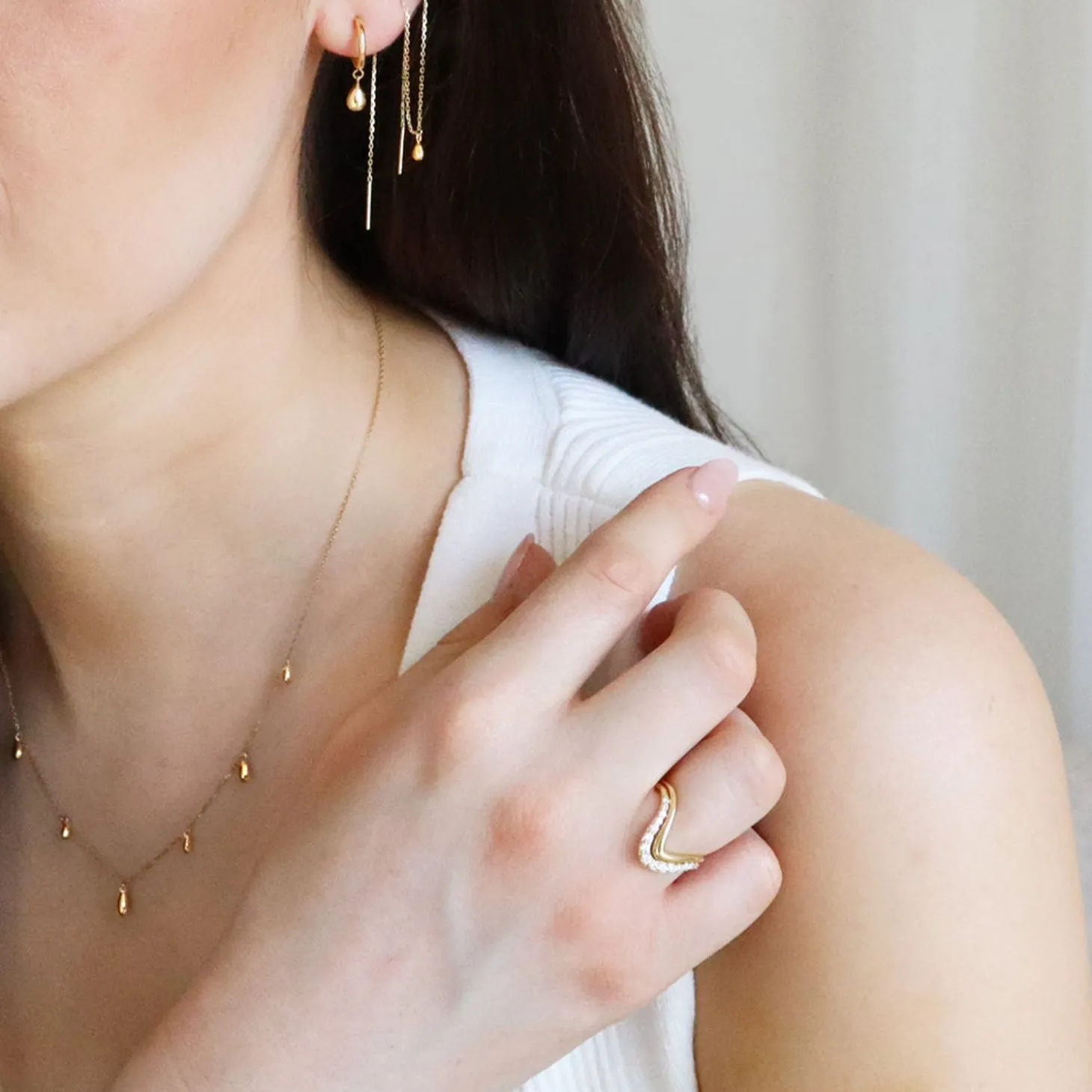 Nude Shimmer - 18Ct Gold, Fine Shimmer Double Piercing Pear Threader (Single)^The Alkemistry Shop