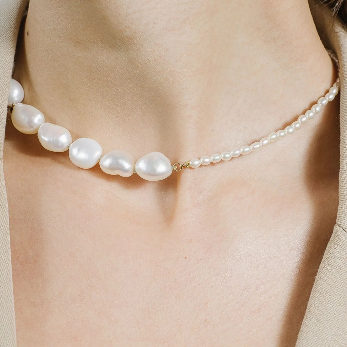 Poppy Finch 14Ct Yellow Gold Half Big Half Small Pearl Necklace^The Alkemistry New