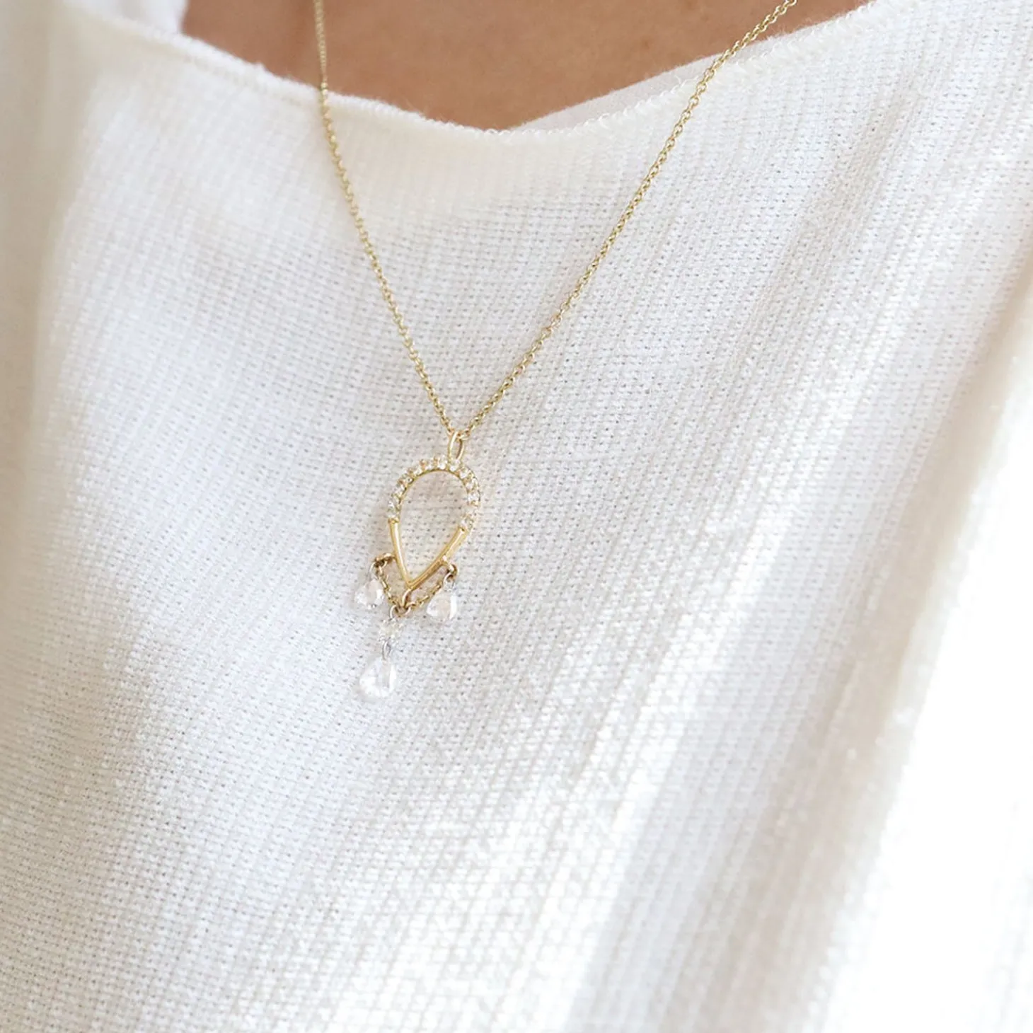 Suncatcher - 18Ct Gold, Pave Pear Triple Pear & Round Drop Necklace^The Alkemistry Clearance