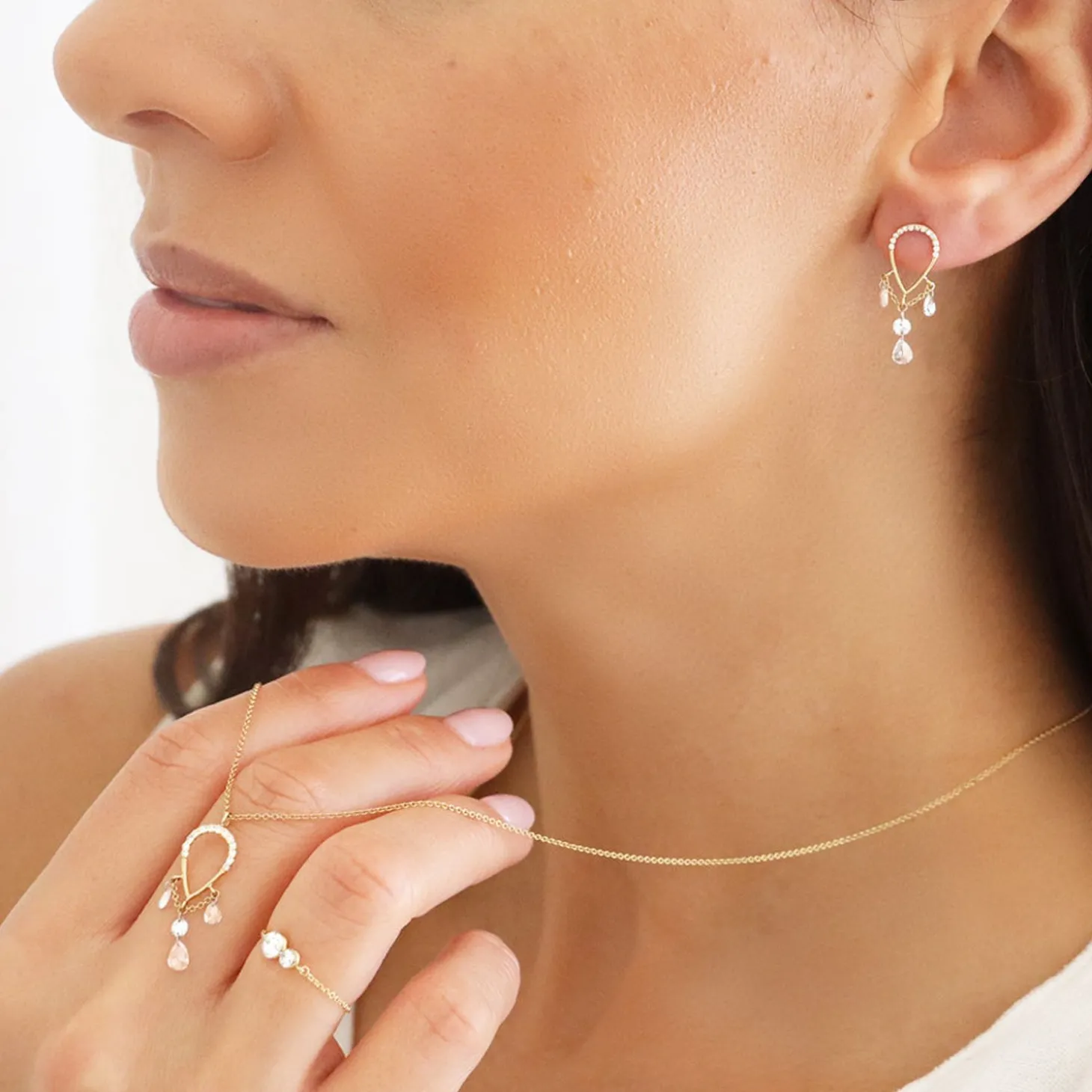 Suncatcher - 18Ct Gold, Pave Pear Triple Pear & Round Drop Necklace^The Alkemistry Clearance