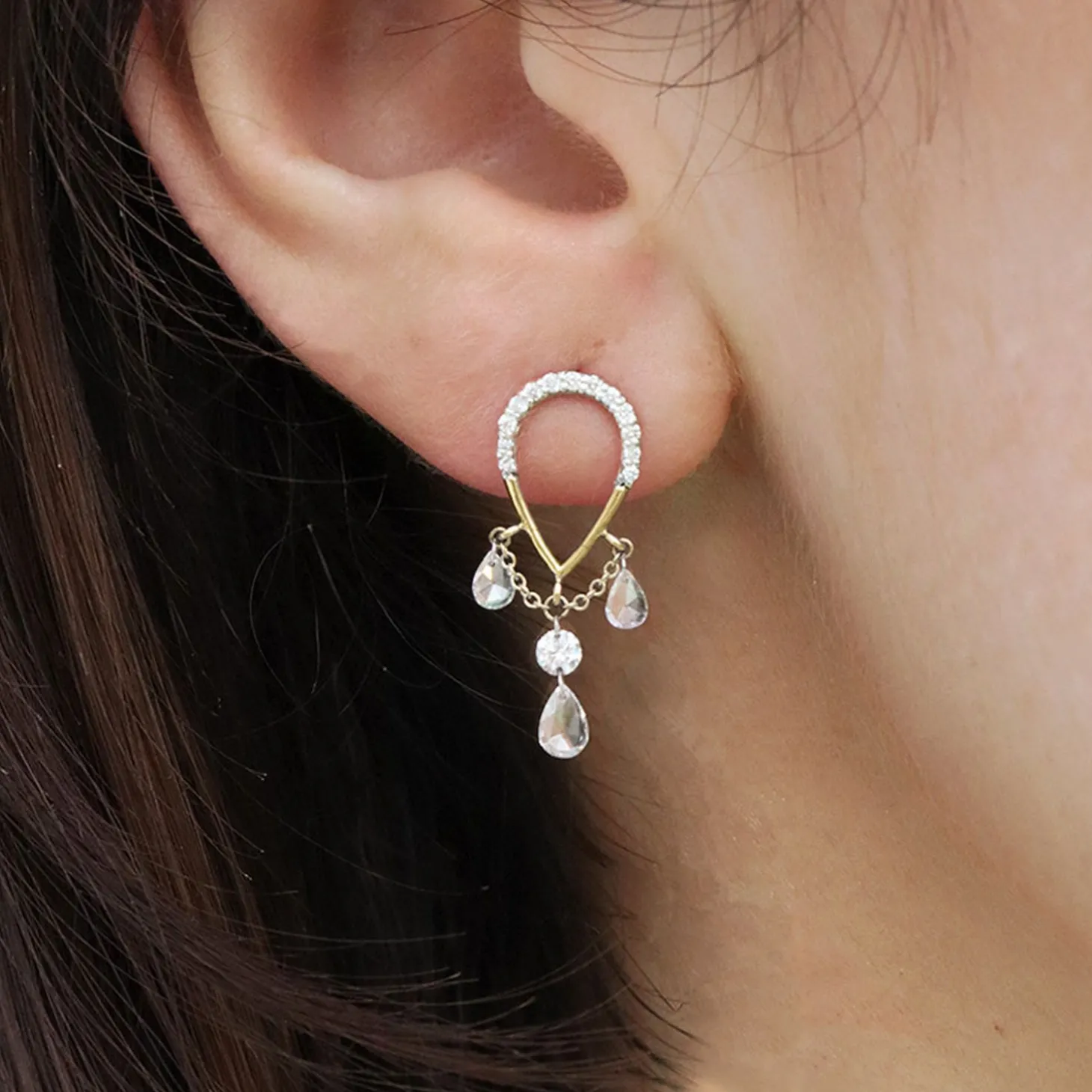 Suncatcher - 18Ct Gold, Pave Pear Triple Pear & Round Drop Earring (Single)^The Alkemistry Clearance